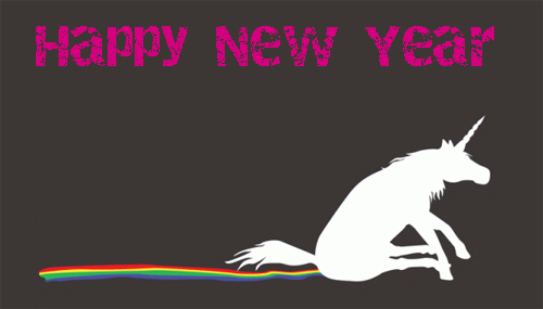 a unicorn silhouette slumped over with a rainbow trailing behind it from the general posterior region, reading "happy new year"