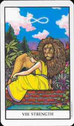 image of the strength card, with a woman sitting calmly next to a lion and the infinity symbol in the background